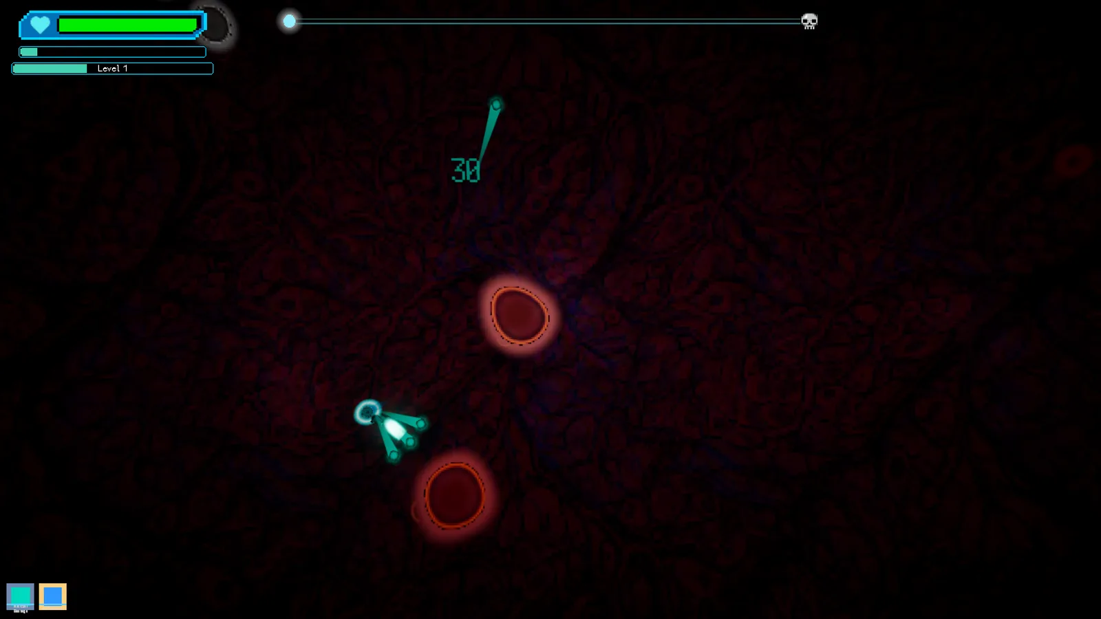 Two glowing malignant cells rimmed in red drift toward the player's NK cell across dark tissue